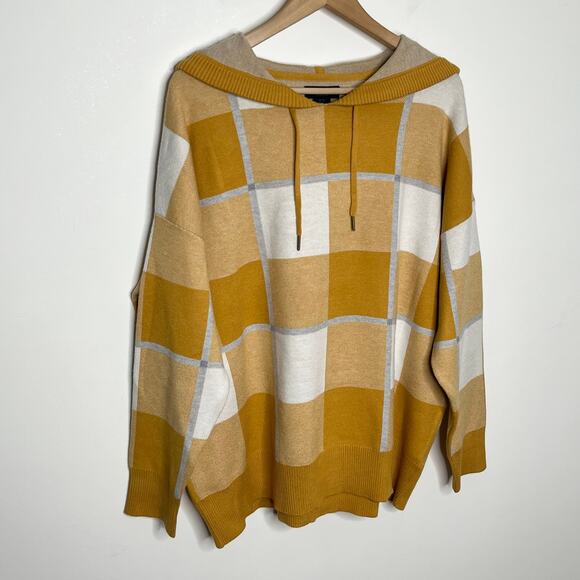 Rachel Rachel Roy Womens Hooded Pullover Sweater 1X Mustard Yellow Plaid Cozy - Picture 2 of 9